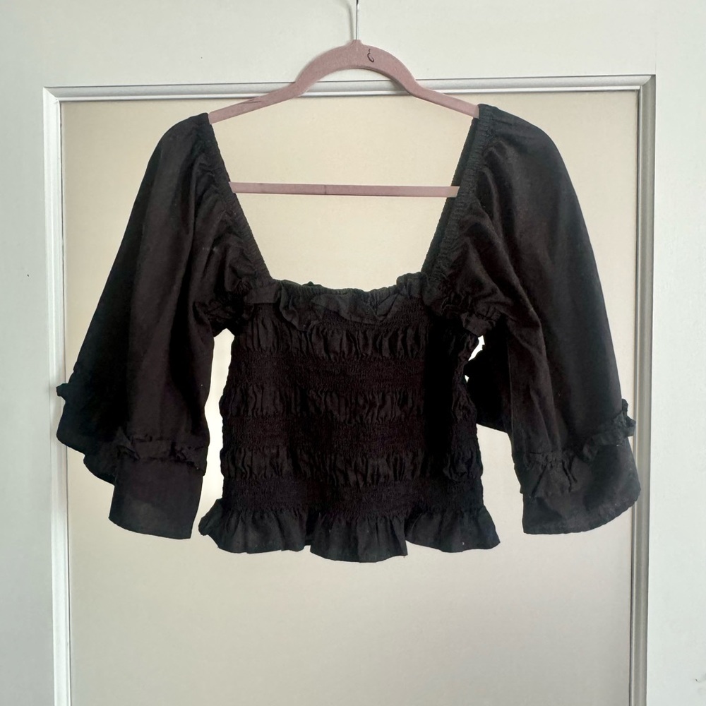 free people 3/4 sleeve top black with ruffles, lightweight